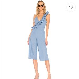 Tularosa Light Blue Ruffle One-Shoulder Jumpsuit